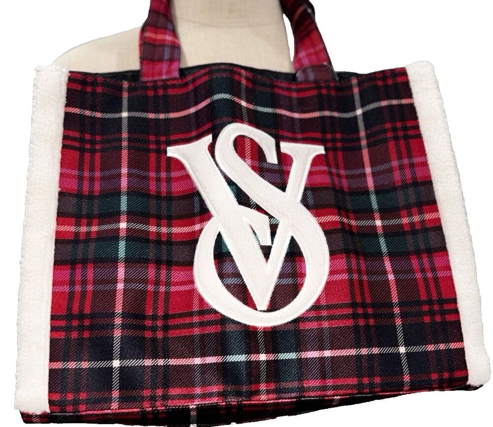 NWT VICTORIA'S SECRET Red Plaid Holiday Logo Plaid Holiday Tote Bag (Orig. $60